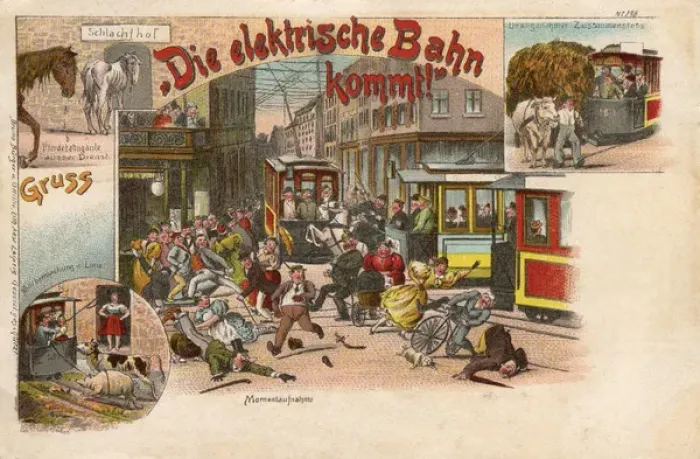 Framed Print : The Electric Tram is Coming! A warning to pedestrians Framed Print : The Electric Tram is Coming! A warning to pedestrians