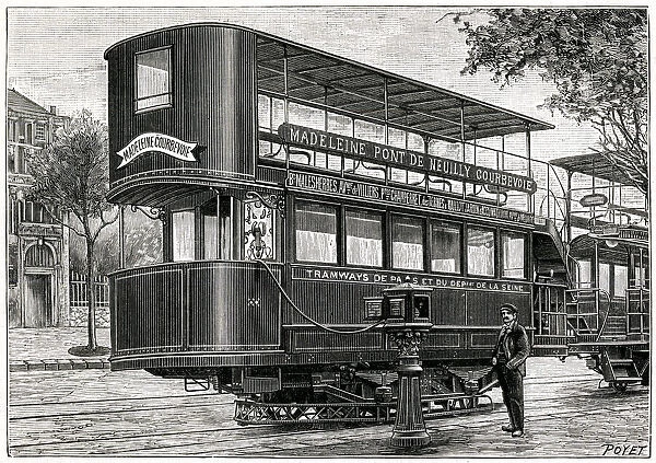 Electric tram being recharged on a Paris street 1897