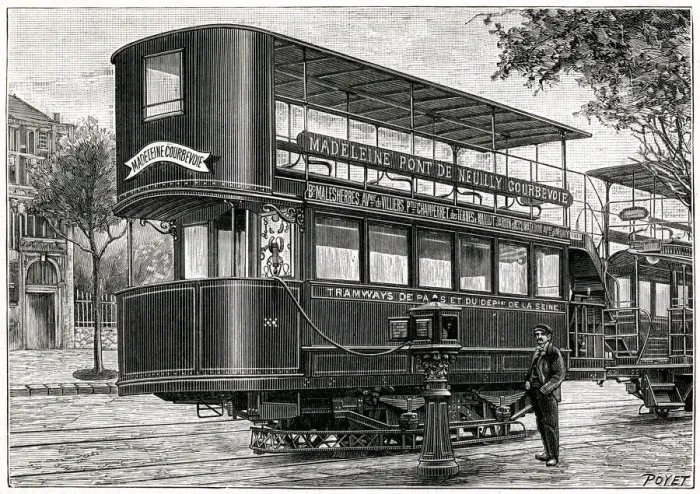 Framed Print : Electric tram being recharged on a Paris street 1897 Framed Print : Electric tram being recharged on a Paris street 1897