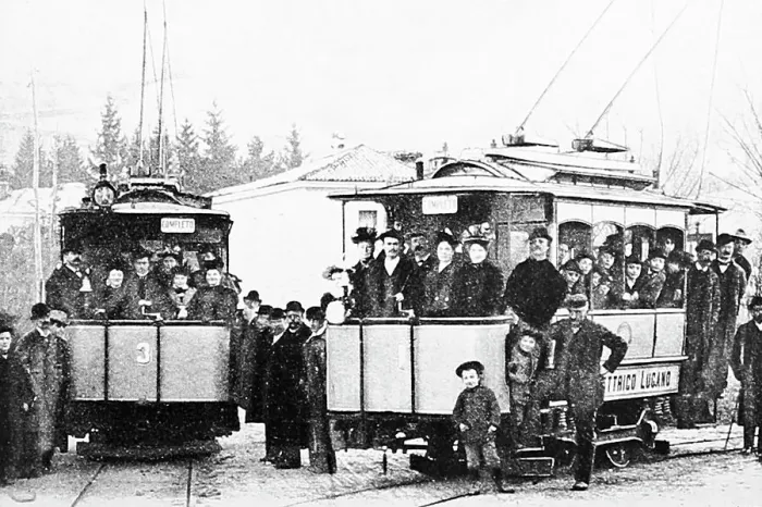 Framed Print : Electric trams, Lugano, Switzerland, pre-1900 Framed Print : Electric trams, Lugano, Switzerland, pre-1900