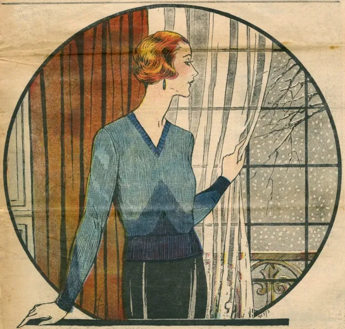 Framed Print : Elegant 1930s woman looking at snow from a window Framed Print : Elegant 1930s woman looking at snow from a window
