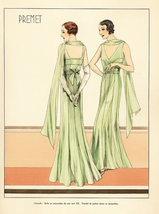Framed Print : Elegant evening dress in Nile green silk muslin, 1931