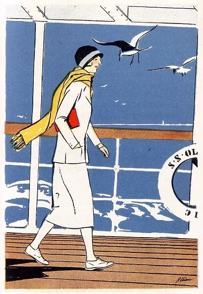 Elegant lady traveller strolling along the deck of a liner