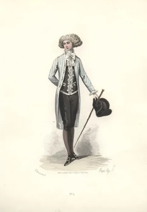 Framed Print : Elegant man in full wig, grey striped coat
