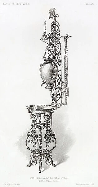An elegant wash-stand from the Italian Renaissance, with its washbowl, ewer with tap to provide water, towel to dry your hands, and a candle to see what you are doing Date: circa 16th century