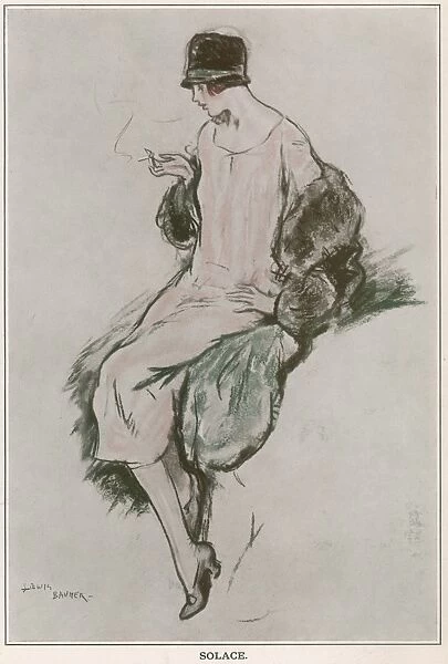 Elegant young woman sits smoking -- Solace