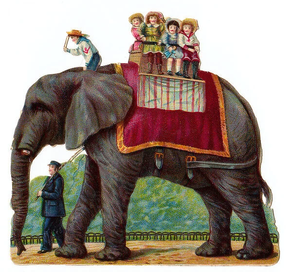 Elephant with passengers on a Victorian scrap