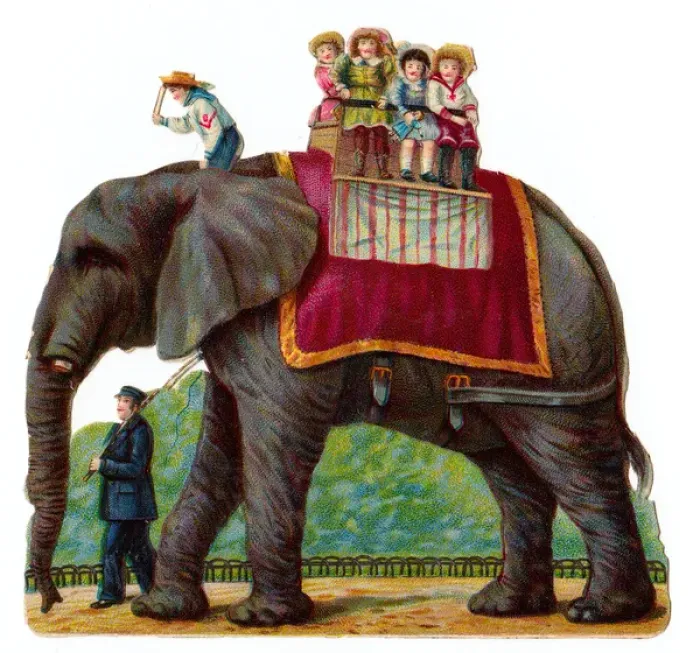 Framed Print : Elephant with passengers on a Victorian scrap Framed Print : Elephant with passengers on a Victorian scrap