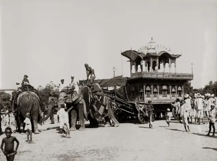 Framed Print : Elephant pulling religious festival car, India, circa 1890 Framed Print : Elephant pulling religious festival car, India, circa 1890