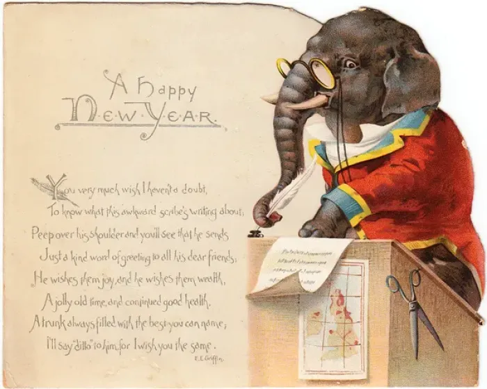 Framed Print : Elephant writing a greeting on a New Year card Framed Print : Elephant writing a greeting on a New Year card