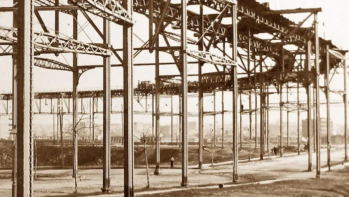 Framed Print : Elevated railway with steam train New York Victorian period Framed Print : Elevated railway with steam train New York Victorian period
