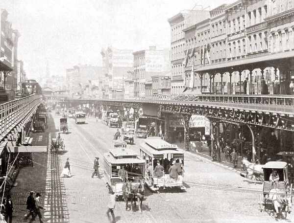 Elevated train, New York, circa 1890. Date: circa 1890