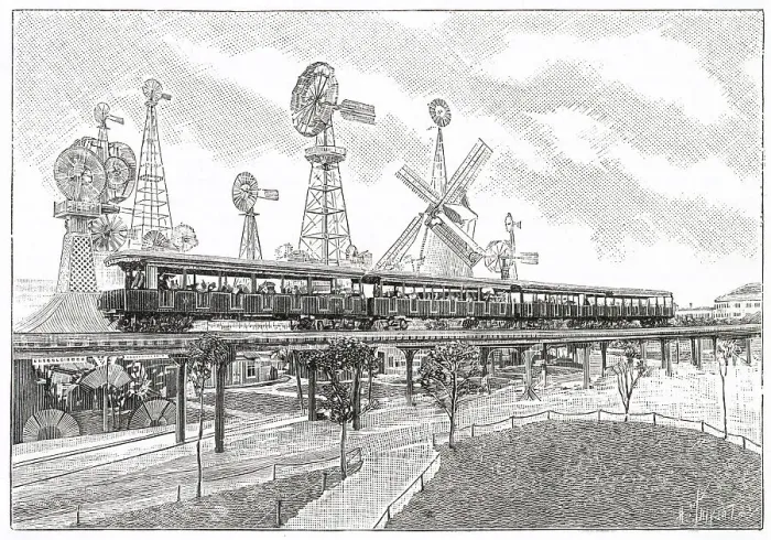Framed Print : Elevated train to take visitors around the exhibition. Date: May - October 1893 Framed Print : Elevated train to take visitors around the exhibition. Date: May - October 1893