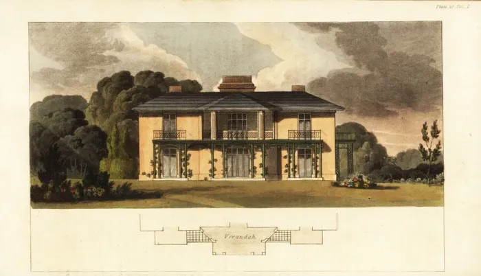 Framed Print : Elevation of a hunting lodge and plan of a verandah Framed Print : Elevation of a hunting lodge and plan of a verandah