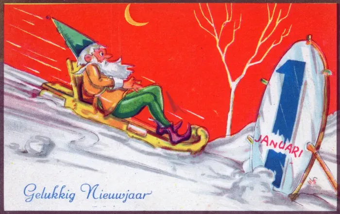 Framed Print : Elf on a sled on a Dutch New Year postcard Framed Print : Elf on a sled on a Dutch New Year postcard