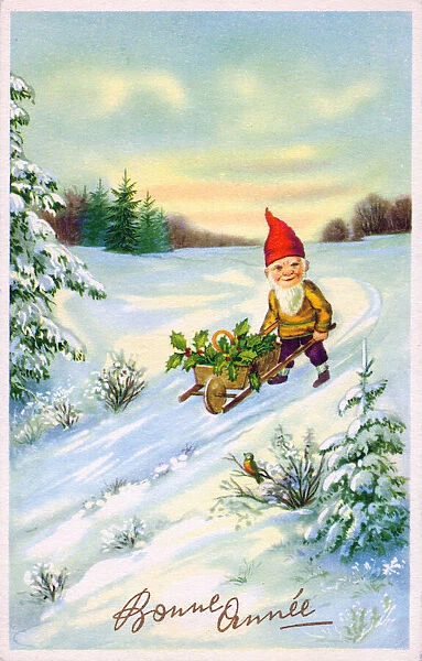 Elf with wheelbarrow on a French New Year postcard