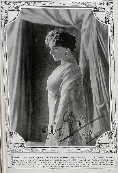 Elinor Glyn, British novelist and scriptwriter who specialised in romantic fiction (1864-1943). Studio portrait in formal gown with autograph. The portrait was specially taken for HIH Grand Duchess Vladimir, of the Imperial Russian Family