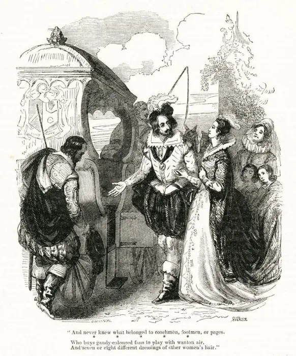 Framed Print : Elizabethan aristocratic couple getting into a coach Framed Print : Elizabethan aristocratic couple getting into a coach