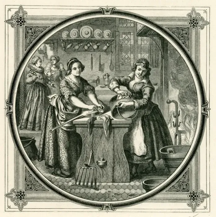 Framed Print : Elizabethan servants polishing saucepans Framed Print : Elizabethan servants polishing saucepans