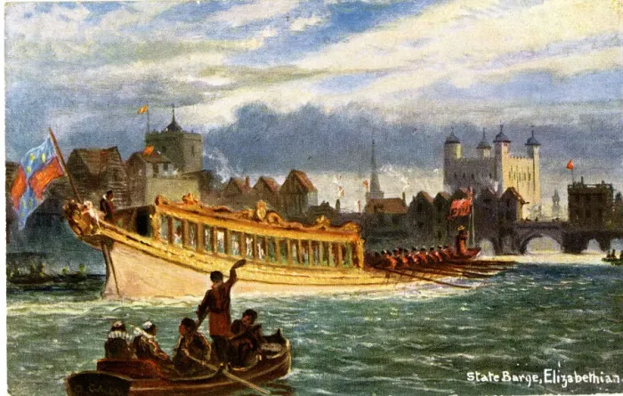 Framed Print : Elizabethan State Barge on River Thames, London Framed Print : Elizabethan State Barge on River Thames, London
