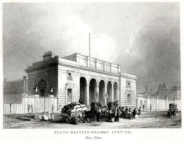 Nine Elms. An outside view of the south western station Nine Elms Date: 1846