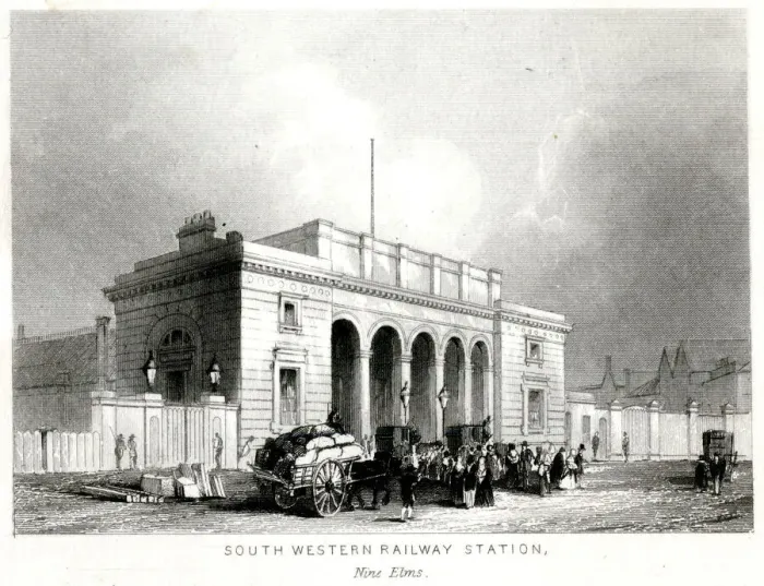 Framed Print : Nine Elms. An outside view of the south western station Nine Elms Date: 1846 Framed Print : Nine Elms. An outside view of the south western station Nine Elms Date: 1846