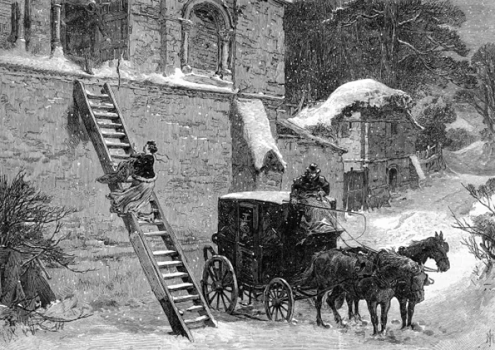 Framed Print : Eloping. Engraving showing a young woman escaping a house by step ladder in order to elope Framed Print : Eloping. Engraving showing a young woman escaping a house by step ladder in order to elope