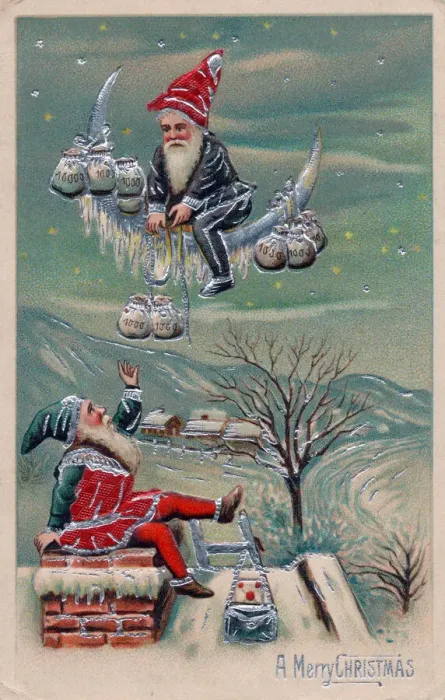 Framed Print : Two elves delivering money on a Christmas postcard Framed Print : Two elves delivering money on a Christmas postcard