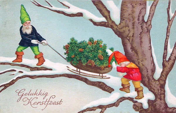Two elves with pine cones on a Dutch Christmas postcard