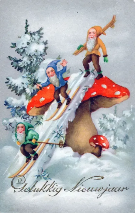 Framed Print : Three elves skiing on a Dutch New Year postcard Framed Print : Three elves skiing on a Dutch New Year postcard