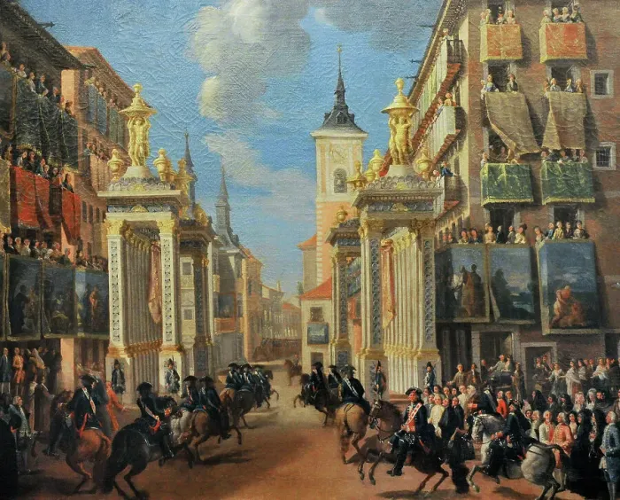Framed Print : Embellishment of Platerias Street, Charles III enters Madrid Framed Print : Embellishment of Platerias Street, Charles III enters Madrid