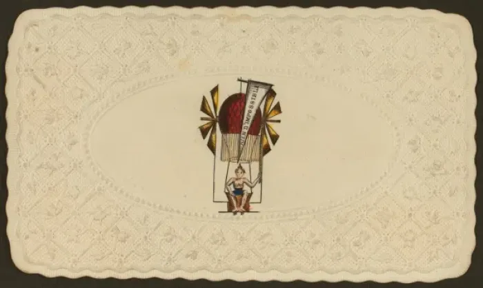 Framed Print : Embossed card shows balloon labelled rien d impossible ascen Framed Print : Embossed card shows balloon labelled rien d impossible ascen
