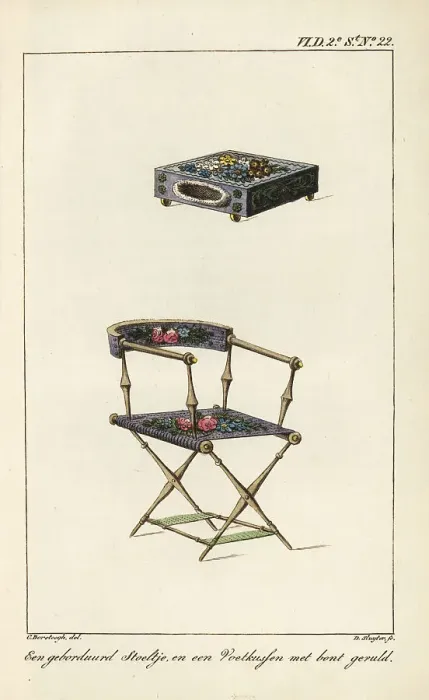 Framed Print : Embroidered chair and foot cushion decorated with fur Framed Print : Embroidered chair and foot cushion decorated with fur