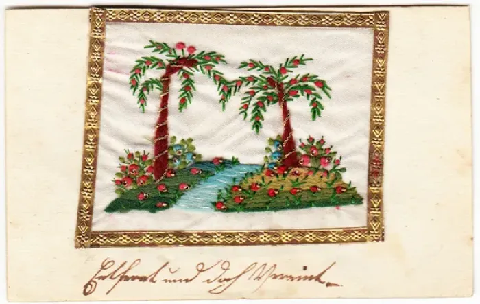 Framed Print : Embroidered fruit trees with gold edging Framed Print : Embroidered fruit trees with gold edging
