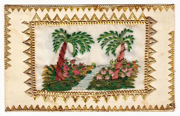 Embroidered palm trees with gold edging
