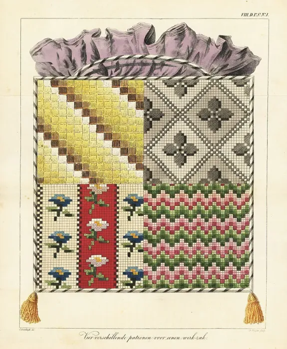Framed Print : Four embroidery sampler patterns for a work basket, with frill a Framed Print : Four embroidery sampler patterns for a work basket, with frill a