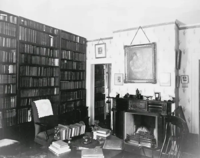 Framed Print : Emersons study showing shelves of books, fireplace and desk Framed Print : Emersons study showing shelves of books, fireplace and desk