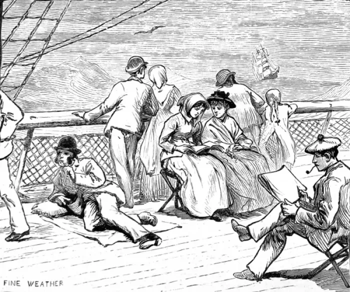 Framed Print : Emigrants enjoying fine weather on the deck of their ship, 1 Framed Print : Emigrants enjoying fine weather on the deck of their ship, 1