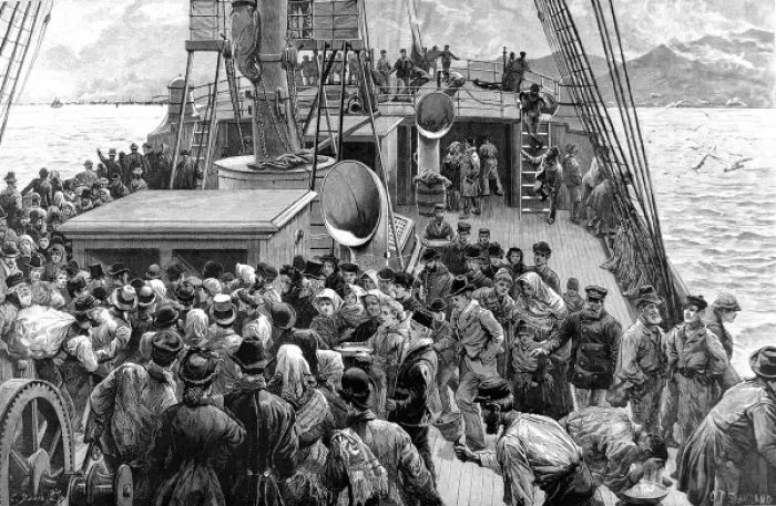 Framed Print : Emigration. On Board an Emigrant Ship. The Breakfast Bell Framed Print : Emigration. On Board an Emigrant Ship. The Breakfast Bell