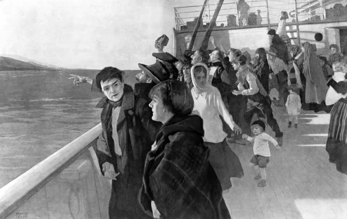 Framed Print : Emigration. The land of Promise. Emigrants Catching their Fi Framed Print : Emigration. The land of Promise. Emigrants Catching their Fi
