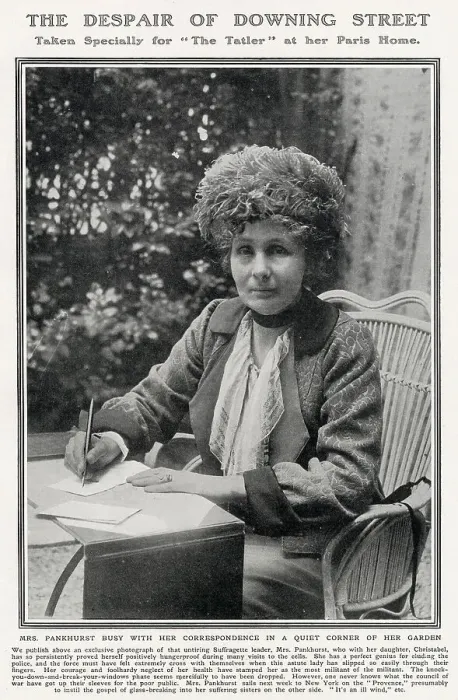 Framed Print : Emmeline Pankhurst pictured working on correspondence at her home in Paris in a photograph taken exclusively for The Tatler in 1913. She was staying there with her eldest daughter Christabel and later embarked on a tour of America. Date: 1913 Framed Print : Emmeline Pankhurst pictured working on correspondence at her home in Paris in a photograph taken exclusively for The Tatler in 1913. She was staying there with her eldest daughter Christabel and later embarked on a tour of America. Date: 1913