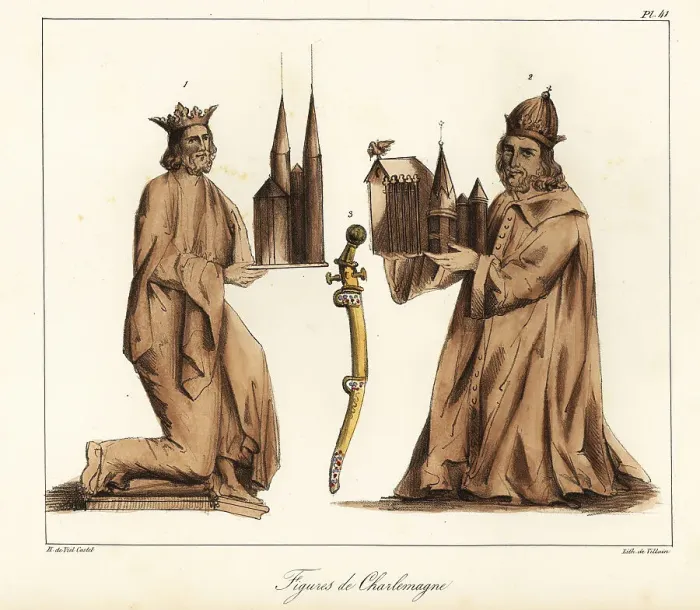 Framed Print : Emperor Charlemagne (748-814) holding a church 1, 2, and his swo Framed Print : Emperor Charlemagne (748-814) holding a church 1, 2, and his swo