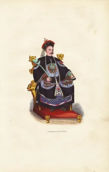 Framed Print : Emperor of China in embroidered robes seated on his throne