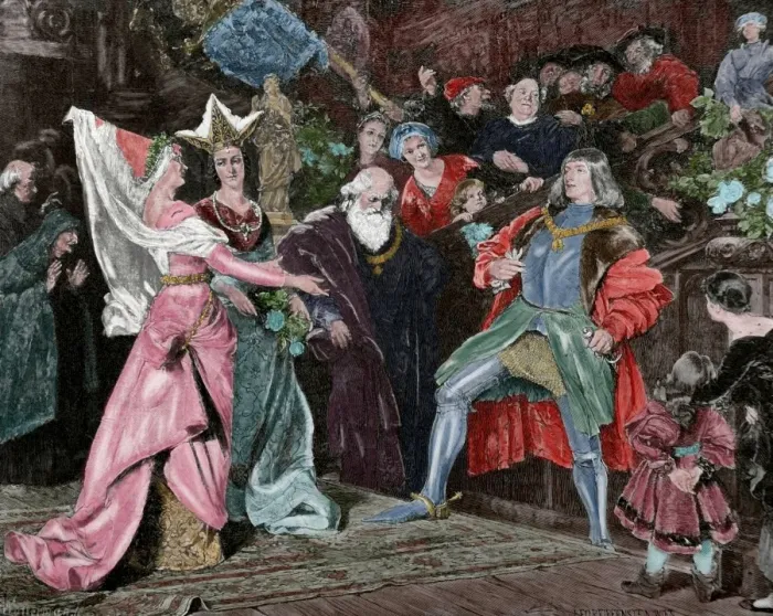 Framed Print : Emperor Maximilian I (1459-1519) asking marys hand. Engravi Framed Print : Emperor Maximilian I (1459-1519) asking marys hand. Engravi