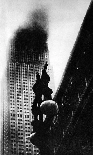 The Empire State Building, New York, on Fire, 1945
