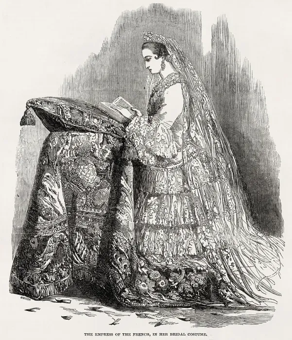Framed Print : Empress Eugenie in her wedding dress. EUGENIA MARIA DE MONTIJO (1826 - 1920), wife of the French Emperor, Napoleon III and mother of the Prince Imperial. Renowned beauty and arbiter of taste. Date: 1853 Framed Print : Empress Eugenie in her wedding dress. EUGENIA MARIA DE MONTIJO (1826 - 1920), wife of the French Emperor, Napoleon III and mother of the Prince Imperial. Renowned beauty and arbiter of taste. Date: 1853