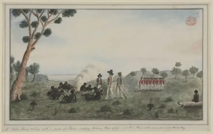 Framed Print : An encounter between British colonists and Australian Aborig Framed Print : An encounter between British colonists and Australian Aborig