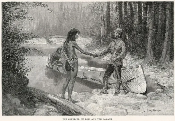 Framed Print : An encounter between a French- Canadian Courrier du Bois and a friendly native Date: 19th century Framed Print : An encounter between a French- Canadian Courrier du Bois and a friendly native Date: 19th century