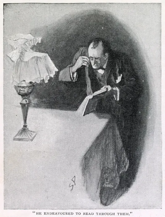 Framed Print : He endeavoured to read through them. Sherlock Holmes on the case in The Story of the Golden Pince-Nez, published in The Strand in July 1904. Date: 1904 Framed Print : He endeavoured to read through them. Sherlock Holmes on the case in The Story of the Golden Pince-Nez, published in The Strand in July 1904. Date: 1904