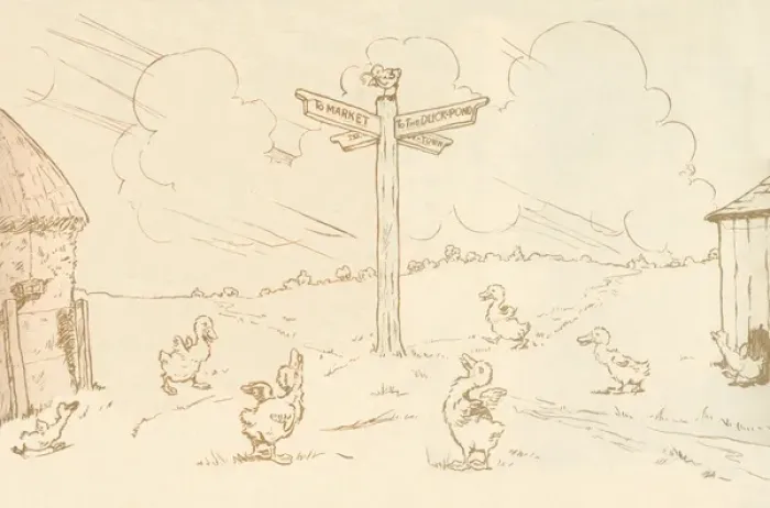 Framed Print : Endpaper illustration, goslings and signpost Framed Print : Endpaper illustration, goslings and signpost